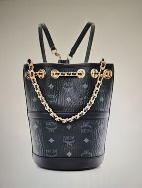 MCM: NEW Black Leather Logo Backpack / Bucket Bag W Gold Plated Chain Detail